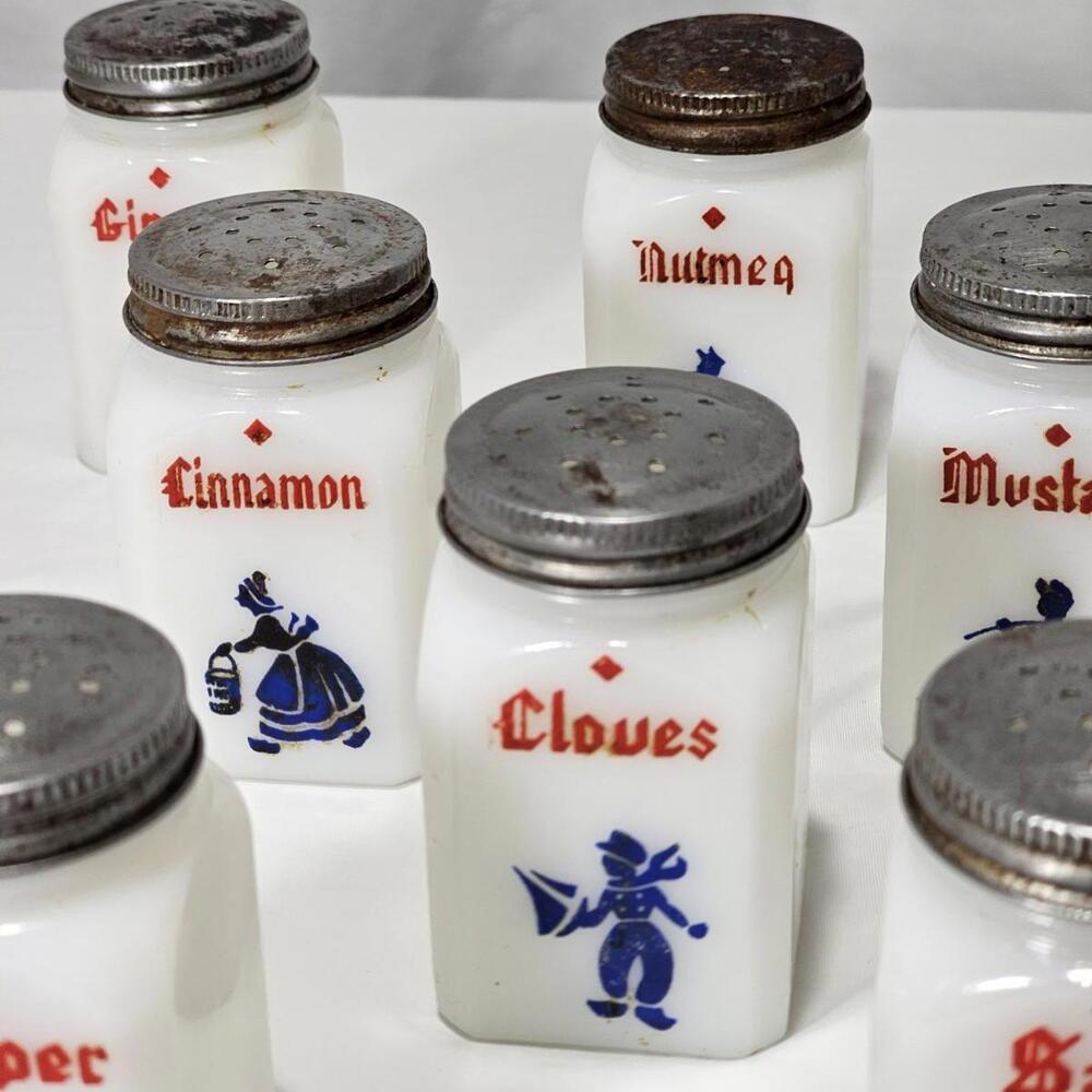 Vintage Set OF 8 Hazel Atlas Milk Glass Dutch Spice Jars Set - Picture 4 of 7